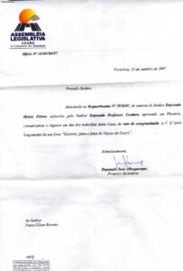 Voto de Congratulação expedido pela ALECE no ano de 2007.